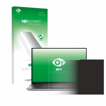 Parte frontal de un envase de producto con el logotipo de la marca upscreen. Al lado se muestra el dispositivo Dell XPS 15 953