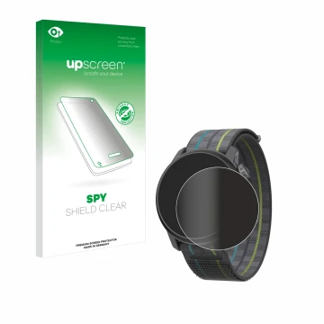 Parte frontal de un envase de producto con el logotipo de la marca upscreen. Al lado se muestra el dispositivo Coros Pace 3 co