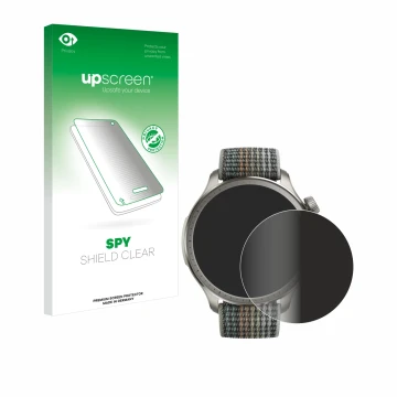Parte frontal de un envase de producto con el logotipo de la marca upscreen. Al lado se muestra el dispositivo Huami Amazfit B