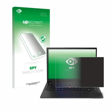 Parte frontal de un envase de producto con el logotipo de la marca upscreen. Al lado se muestra el dispositivo Lenovo ThinkPad