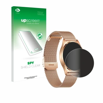 Parte frontal de un envase de producto con el logotipo de la marca upscreen. Al lado se muestra el dispositivo Xcoast X-Watch 