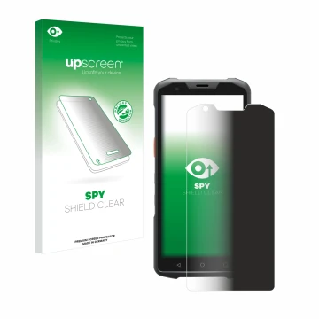Parte frontal de un envase de producto con el logotipo de la marca upscreen. Al lado se muestra el dispositivo Sunmi L2s Pro c