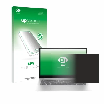 Parte frontal de un envase de producto con el logotipo de la marca upscreen. Al lado se muestra el dispositivo HP Envy 17-cw00