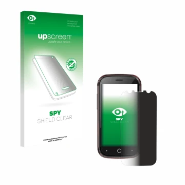 Parte frontal de un envase de producto con el logotipo de la marca upscreen. Al lado se muestra el dispositivo Unihertz Jelly 