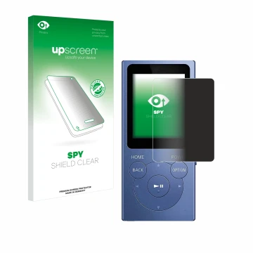 Parte frontal de un envase de producto con el logotipo de la marca upscreen. Al lado se muestra el dispositivo Sony Walkman NW