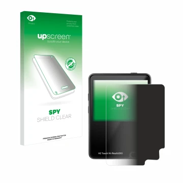 Parte frontal de un envase de producto con el logotipo de la marca upscreen. Al lado se muestra el dispositivo HifiWalker H2 t