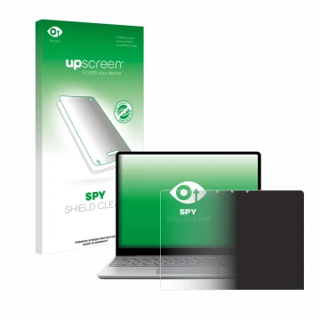 Parte frontal de un envase de producto con el logotipo de la marca upscreen. Al lado se muestra el dispositivo Microsoft Surfa