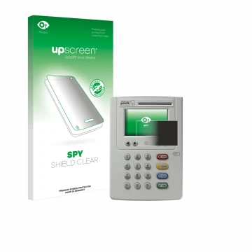 Parte frontal de un envase de producto con el logotipo de la marca upscreen. Al lado se muestra el dispositivo ingenico eHealt