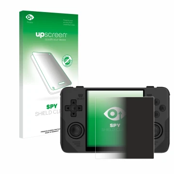 Parte frontal de un envase de producto con el logotipo de la marca upscreen. Al lado se muestra el dispositivo Powkiddy RGB30 