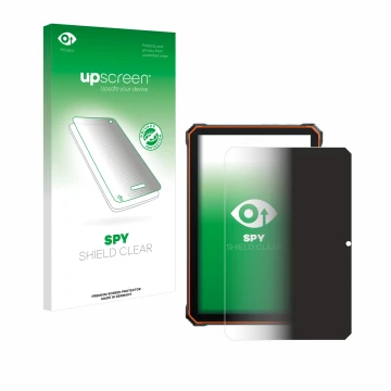 Parte frontal de un envase de producto con el logotipo de la marca upscreen. Al lado se muestra el dispositivo Blackview Activ