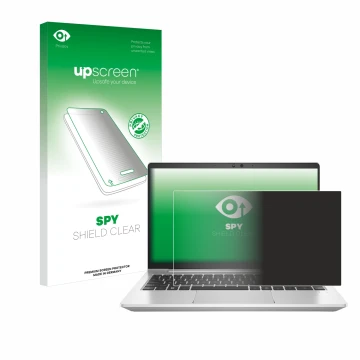 Parte frontal de un envase de producto con el logotipo de la marca upscreen. Al lado se muestra el dispositivo HP EliteBook 64