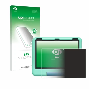 Parte frontal de un envase de producto con el logotipo de la marca upscreen. Al lado se muestra el dispositivo Amazon Fire HD 