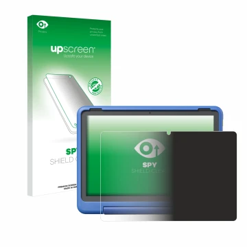 Parte frontal de un envase de producto con el logotipo de la marca upscreen. Al lado se muestra el dispositivo Amazon Fire HD 