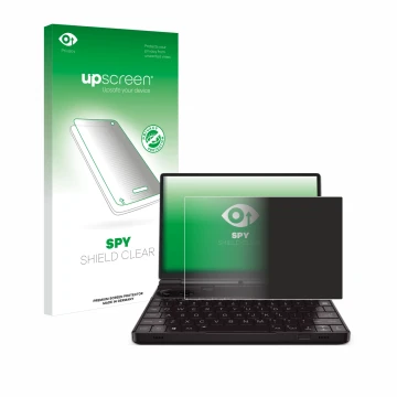 Parte frontal de un envase de producto con el logotipo de la marca upscreen. Al lado se muestra el dispositivo GPD Win Max 2 2