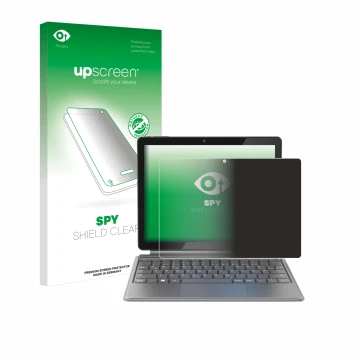 Parte frontal de un envase de producto con el logotipo de la marca upscreen. Al lado se muestra el dispositivo Alldocube iWork