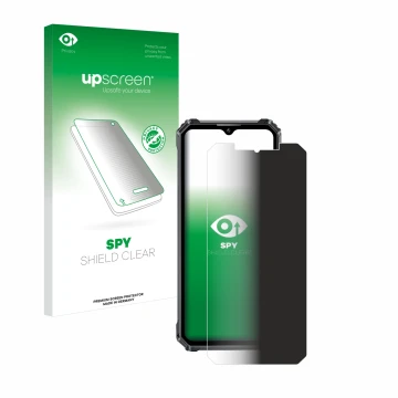 Parte frontal de un envase de producto con el logotipo de la marca upscreen. Al lado se muestra el dispositivo Oukitel WP28 co