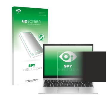 Parte frontal de un envase de producto con el logotipo de la marca upscreen. Al lado se muestra el dispositivo HP EliteBook 83
