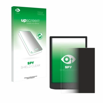 Parte frontal de un envase de producto con el logotipo de la marca upscreen. Al lado se muestra el dispositivo PocketBook InkP