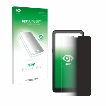Parte frontal de un envase de producto con el logotipo de la marca upscreen. Al lado se muestra el dispositivo Boox Palma con 