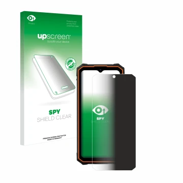 Parte frontal de un envase de producto con el logotipo de la marca upscreen. Al lado se muestra el dispositivo Hotwav Cyber 13