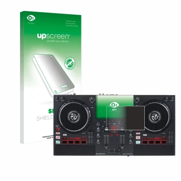Parte frontal de un envase de producto con el logotipo de la marca upscreen. Al lado se muestra el dispositivo Numark Mixstrea