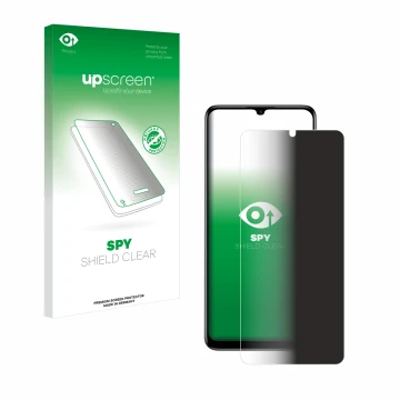 Parte frontal de un envase de producto con el logotipo de la marca upscreen. Al lado se muestra el dispositivo TCL 40 SE con s