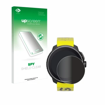Parte frontal de un envase de producto con el logotipo de la marca upscreen. Al lado se muestra el dispositivo Suunto Race con