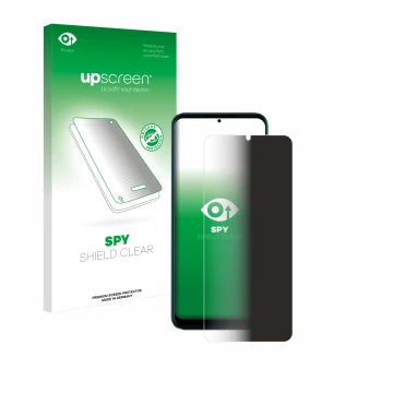 Parte frontal de un envase de producto con el logotipo de la marca upscreen. Al lado se muestra el dispositivo Telekom T Phone