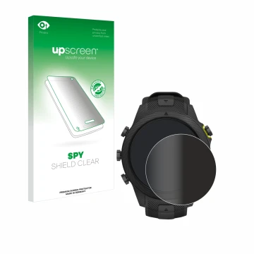 Parte frontal de un envase de producto con el logotipo de la marca upscreen. Al lado se muestra el dispositivo Garmin Marq Ath