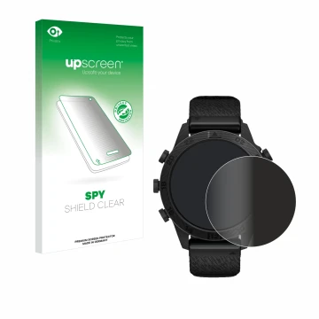 Parte frontal de un envase de producto con el logotipo de la marca upscreen. Al lado se muestra el dispositivo Garmin Marq Com