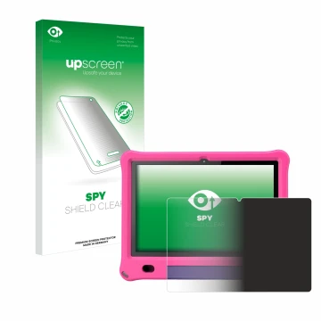 Parte frontal de un envase de producto con el logotipo de la marca upscreen. Al lado se muestra el dispositivo Pritom B10 Kids
