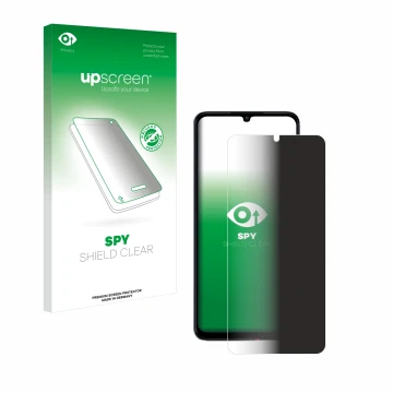 Parte frontal de un envase de producto con el logotipo de la marca upscreen. Al lado se muestra el dispositivo Xiaomi Poco C65