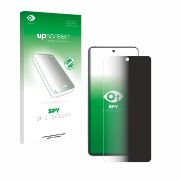 Parte frontal de un envase de producto con el logotipo de la marca upscreen. Al lado se muestra el dispositivo Vivo iQOO 12 co