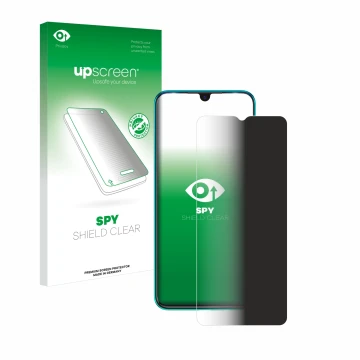 Parte frontal de un envase de producto con el logotipo de la marca upscreen. Al lado se muestra el dispositivo Tecno Spark 7 c
