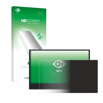 Parte frontal de un envase de producto con el logotipo de la marca upscreen. Al lado se muestra el dispositivo Lenovo L15 (15,