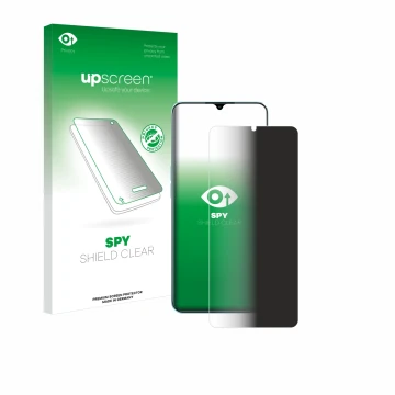 Parte frontal de un envase de producto con el logotipo de la marca upscreen. Al lado se muestra el dispositivo Oppo A78 5G con