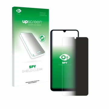 Parte frontal de un envase de producto con el logotipo de la marca upscreen. Al lado se muestra el dispositivo Xiaomi Redmi 13