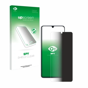 Parte frontal de un envase de producto con el logotipo de la marca upscreen. Al lado se muestra el dispositivo ZTE Blade V50 V