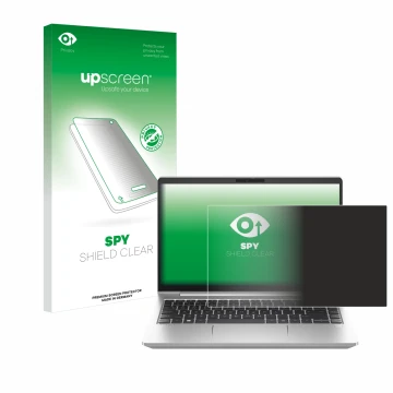 Parte frontal de un envase de producto con el logotipo de la marca upscreen. Al lado se muestra el dispositivo HP ProBook 445 