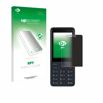 Parte frontal de un envase de producto con el logotipo de la marca upscreen. Al lado se muestra el dispositivo TCL Onetouch 40