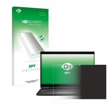 Parte frontal de un envase de producto con el logotipo de la marca upscreen. Al lado se muestra el dispositivo Dell Latitude 7