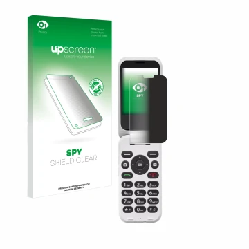 Parte frontal de un envase de producto con el logotipo de la marca upscreen. Al lado se muestra el dispositivo Doro 6820 con s