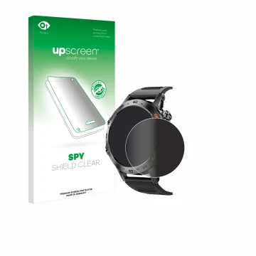 Parte frontal de un envase de producto con el logotipo de la marca upscreen. Al lado se muestra el dispositivo Lemfo Smartwatc