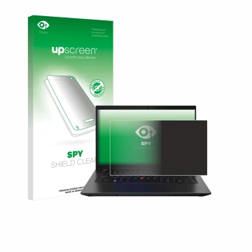 Parte frontal de un envase de producto con el logotipo de la marca upscreen. Al lado se muestra el dispositivo Lenovo ThinkPad
