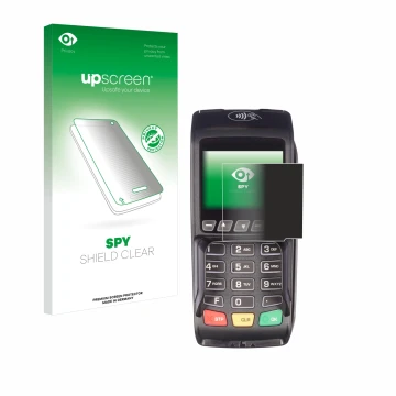 Parte frontal de un envase de producto con el logotipo de la marca upscreen. Al lado se muestra el dispositivo ingenico Desk/3