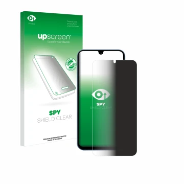 Parte frontal de un envase de producto con el logotipo de la marca upscreen. Al lado se muestra el dispositivo Samsung Galaxy 