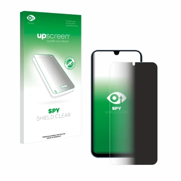 Parte frontal de un envase de producto con el logotipo de la marca upscreen. Al lado se muestra el dispositivo Samsung Galaxy 