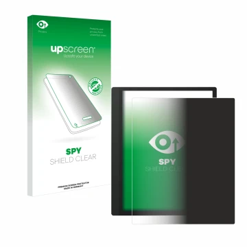 Parte frontal de un envase de producto con el logotipo de la marca upscreen. Al lado se muestra el dispositivo Boox Tab Ultra 