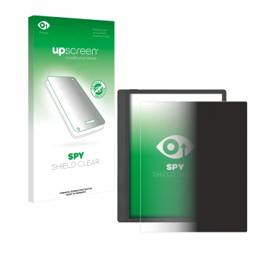 Parte frontal de un envase de producto con el logotipo de la marca upscreen. Al lado se muestra el dispositivo Boox Tab Ultra 