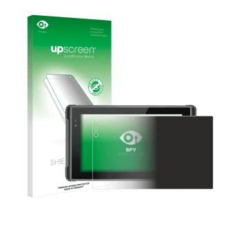 Parte frontal de un envase de producto con el logotipo de la marca upscreen. Al lado se muestra el dispositivo Hugerock X7 con